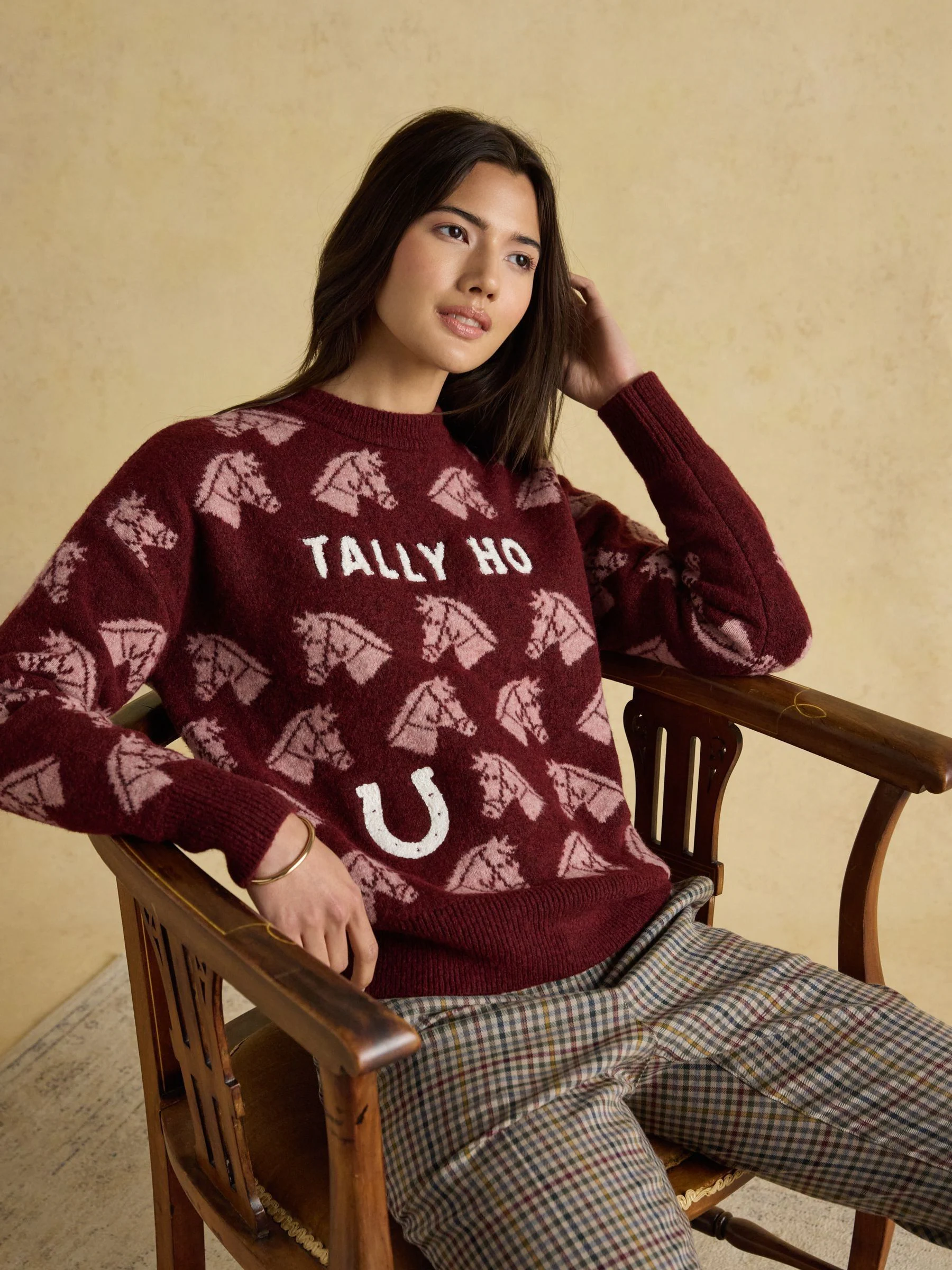 Bourgondisch Tally Ho - Joules Gebreide Trui met Ronde Hals