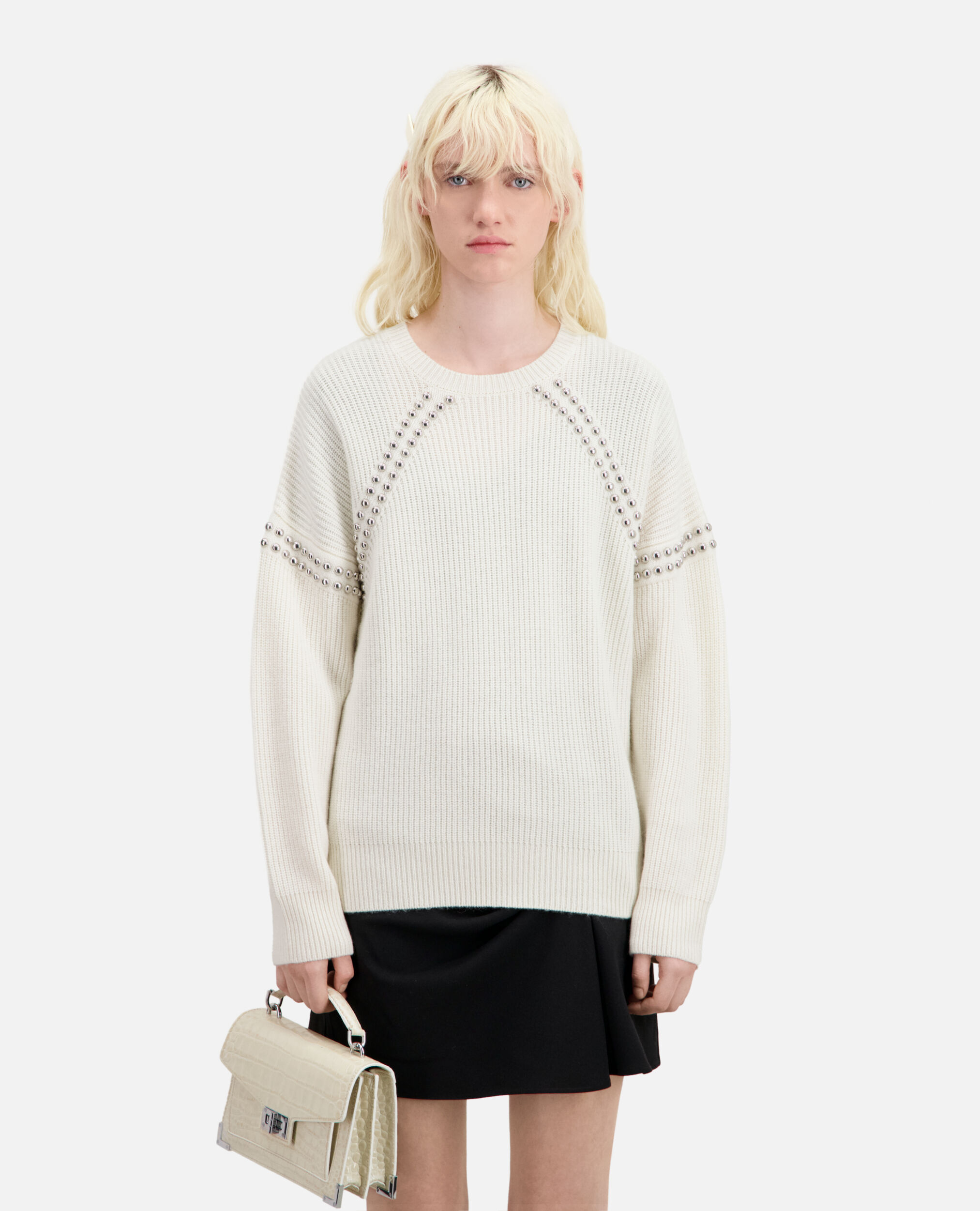 Ecru ribbed wool and cashmere sweater with studs