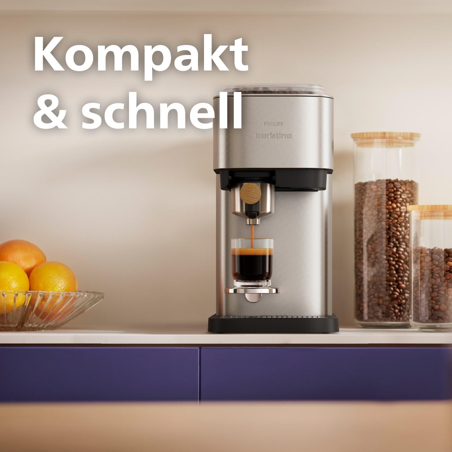 PHILIPS Baristina Plus Espressomaschine, Automatisches Mahlen, Tampen & Brühen, 16 Bar, Einfache Reinigung, Espresso, Iced Coffee, Café Crema, Mit Mahlwerk, Edelstahl mit Holz-Siebträger (BAR500/00)