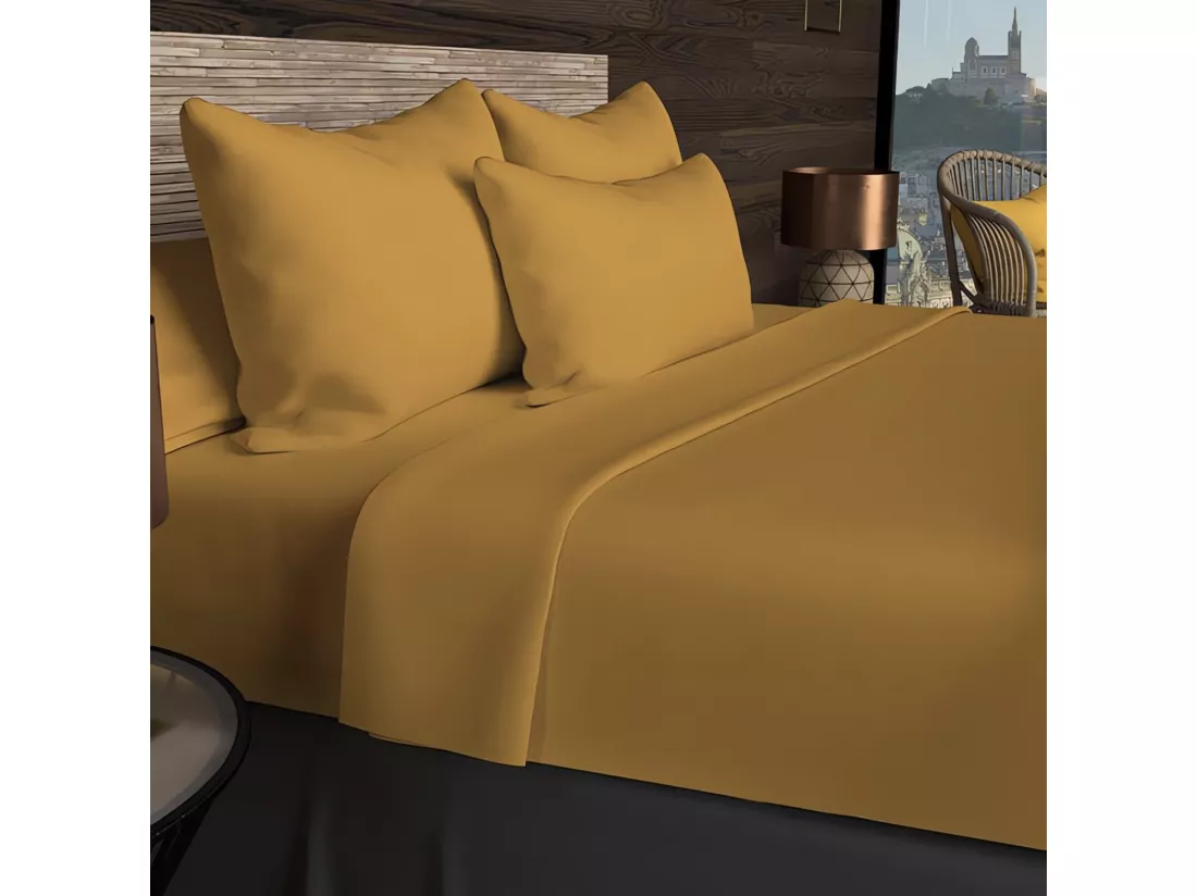 Drap plat en coton 57 fils 240x290 cm UNI moutarde, par Soleil d'ocre