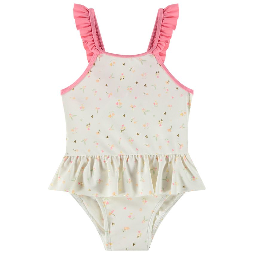 Maillot de bain 1 pièce imprimé fleurs pour bébé fille - Ecru