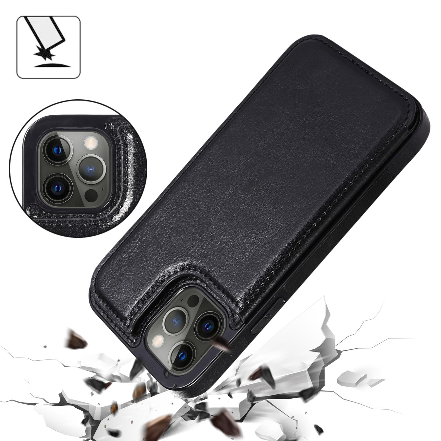 iPhone 14 Pro Hybrid Leder Hülle mit Kartenfach   Kickstand Aufsteller - Schwarz
