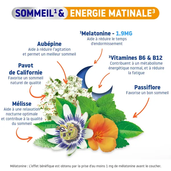 Valdispert Sommeil & Energie Matinale Mélatonine 1,9mg Vitamines B6 et B12 Vegan 24 comprimés
