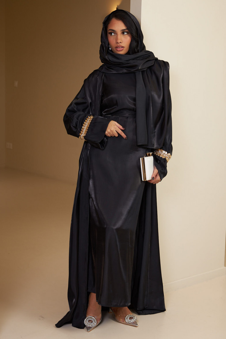 Ensemble 2 pièces abaya + gilet + voile satinée et pailletée noir