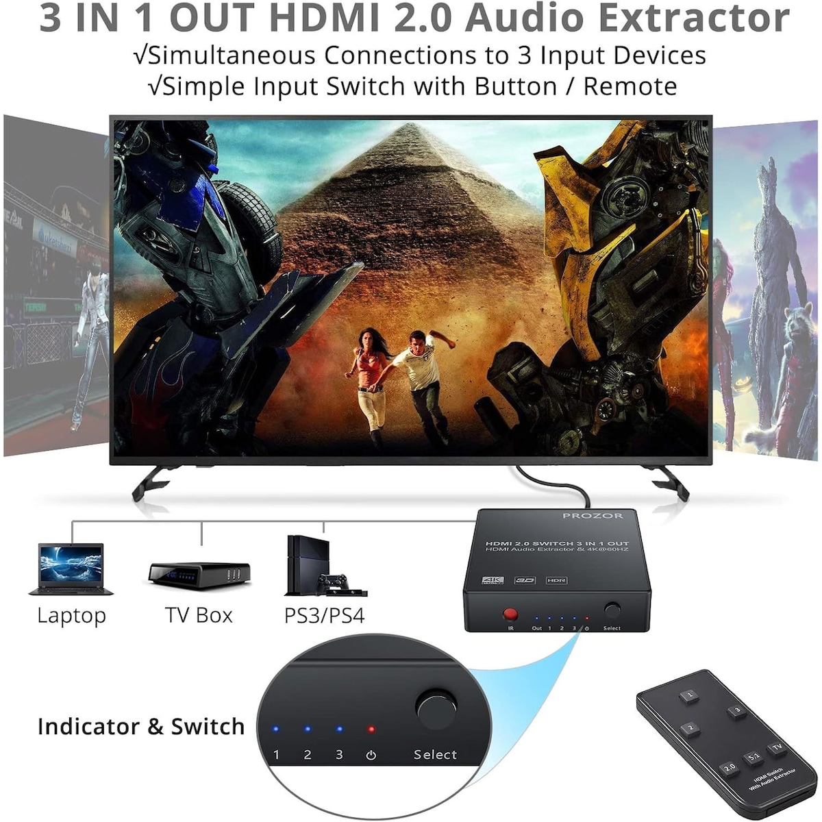 NÖRDIC HDMI-svitsj 3 til 1 4K30Hz 3D PIP med lydavtrekk 1xOptisk toslink 1x stereo 3,5mm