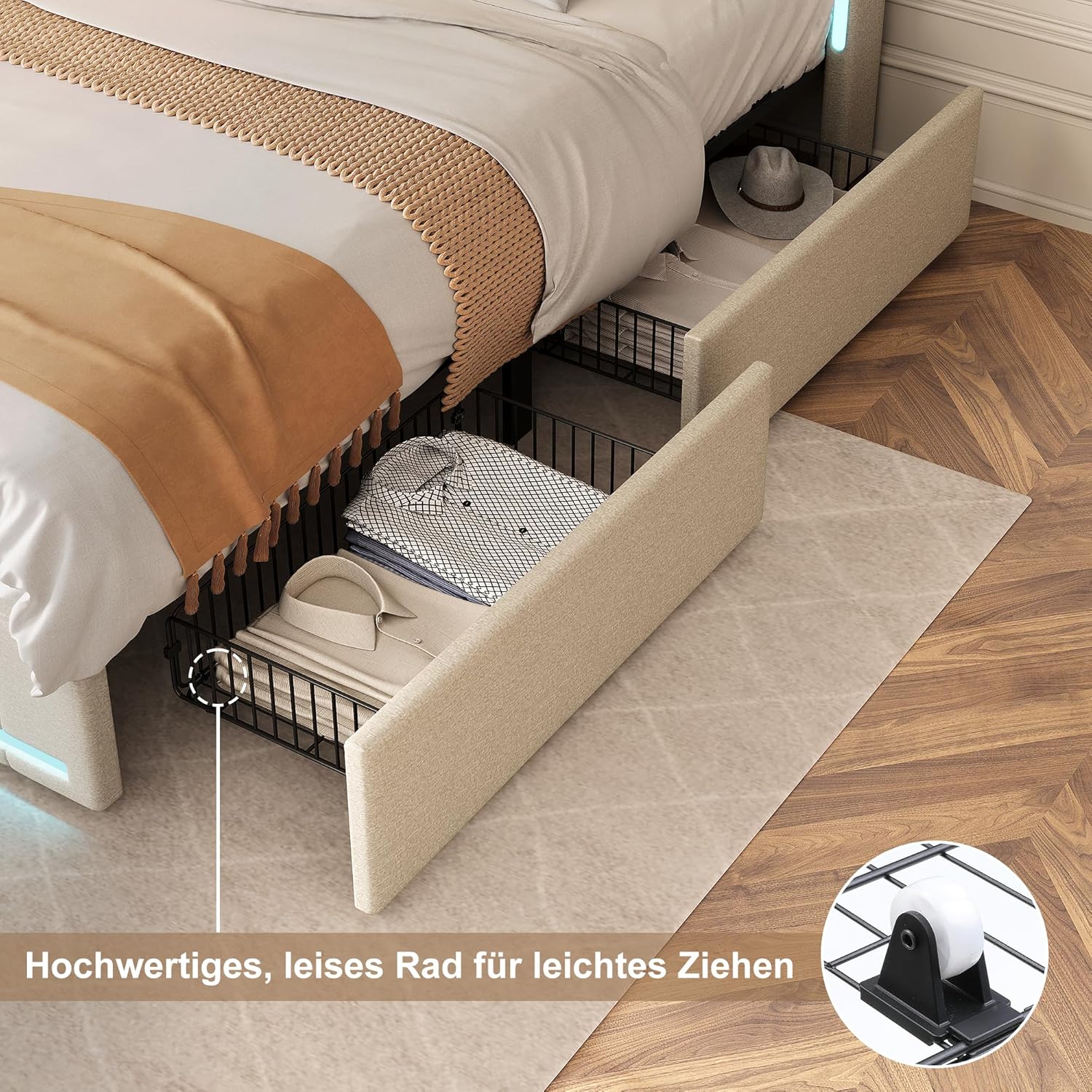 Polsterbett Doppelbett 180x200 cm, Stauraumbett mit 4 Schubladen, Bett 180x200 mit Bettkasten und Lattenrost, LED Kopfteil mit USB Ladestation, Jugendbett Funktionsbett Rückenlehne Bett, Leinen