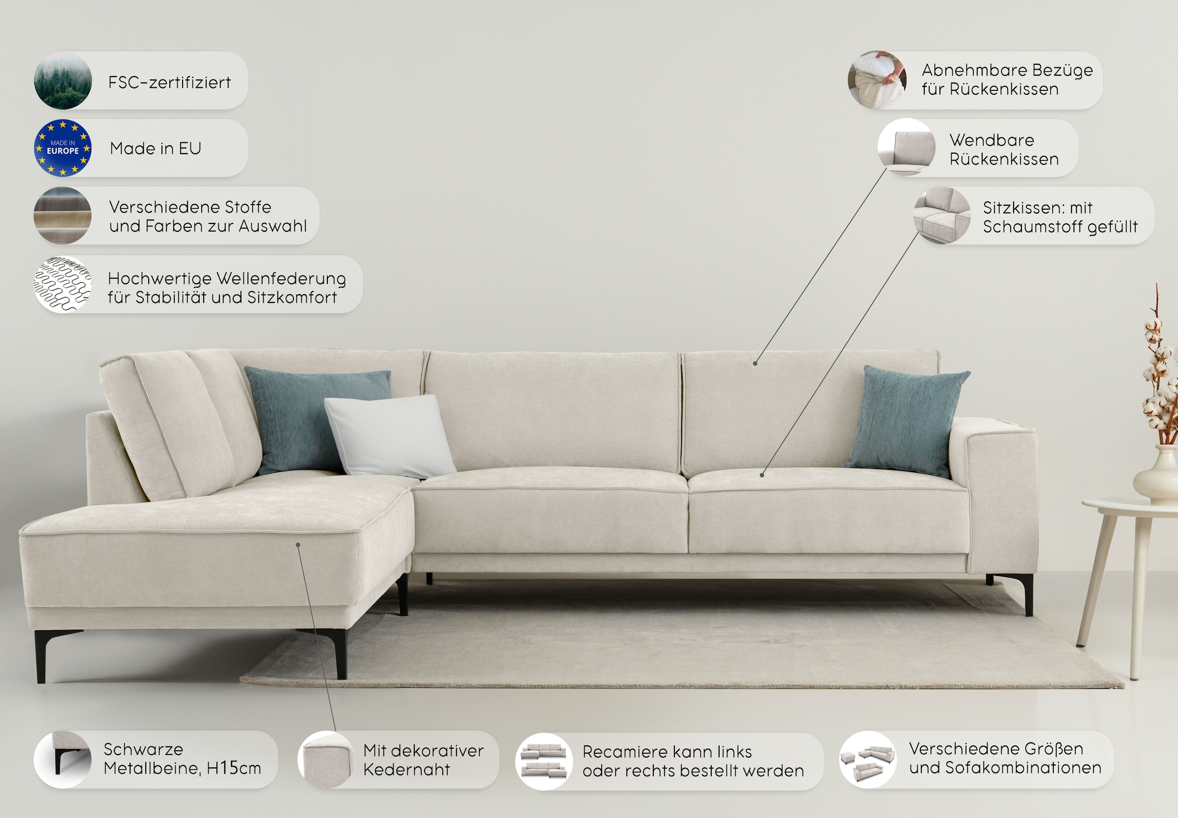 GOODproduct Ecksofa »Polsterecke Oland, Struktur, Flachgewebe, Luxus-Microfaser, Boucle« L-Form, 289 cm, Wellenunterfederung, Skandi-Design, Metallfüsse