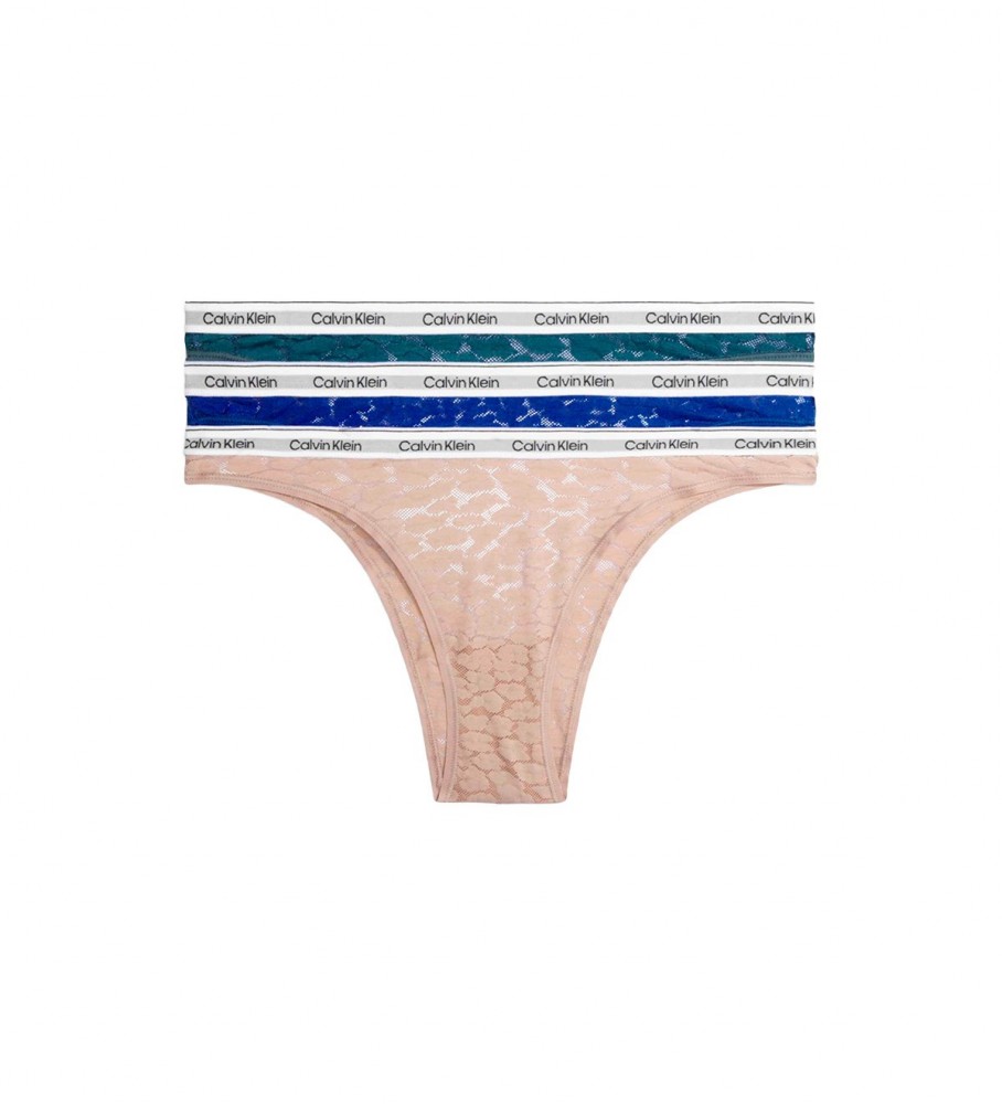 Conjunto de 3 calcinhas Calvin Klein de renda brasileira - Verde, Azul, Bege
