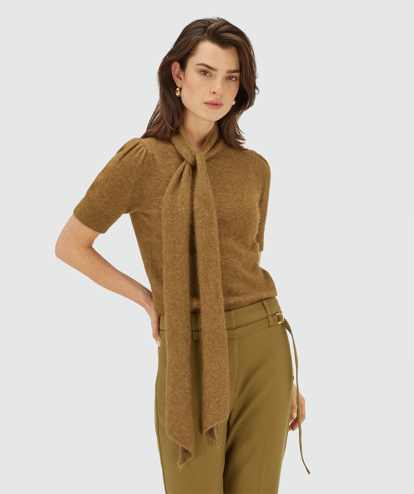 JV-BEATRICE fitted top met merinowol - olive green melange