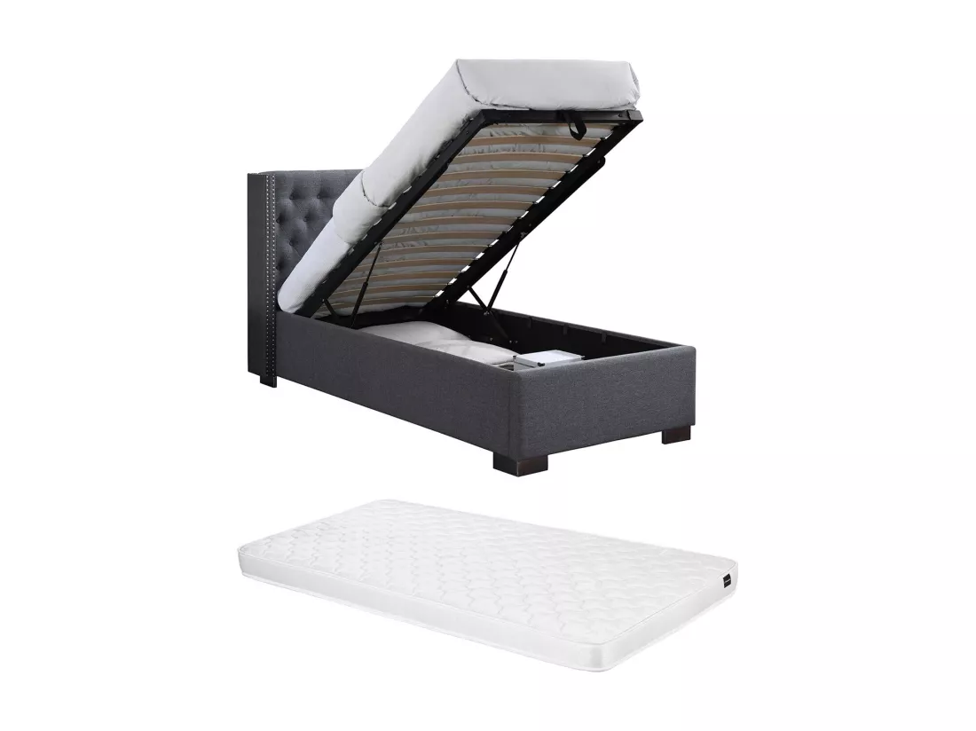 Lit coffre 90 x 200 cm avec tête de lit capitonnée - Tissu - Gris + Matelas - MASSIMO