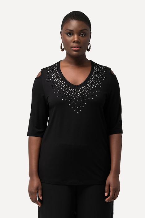 T-Shirt, Ziersteine, A-Linie, V-Ausschnitt, Halbarm