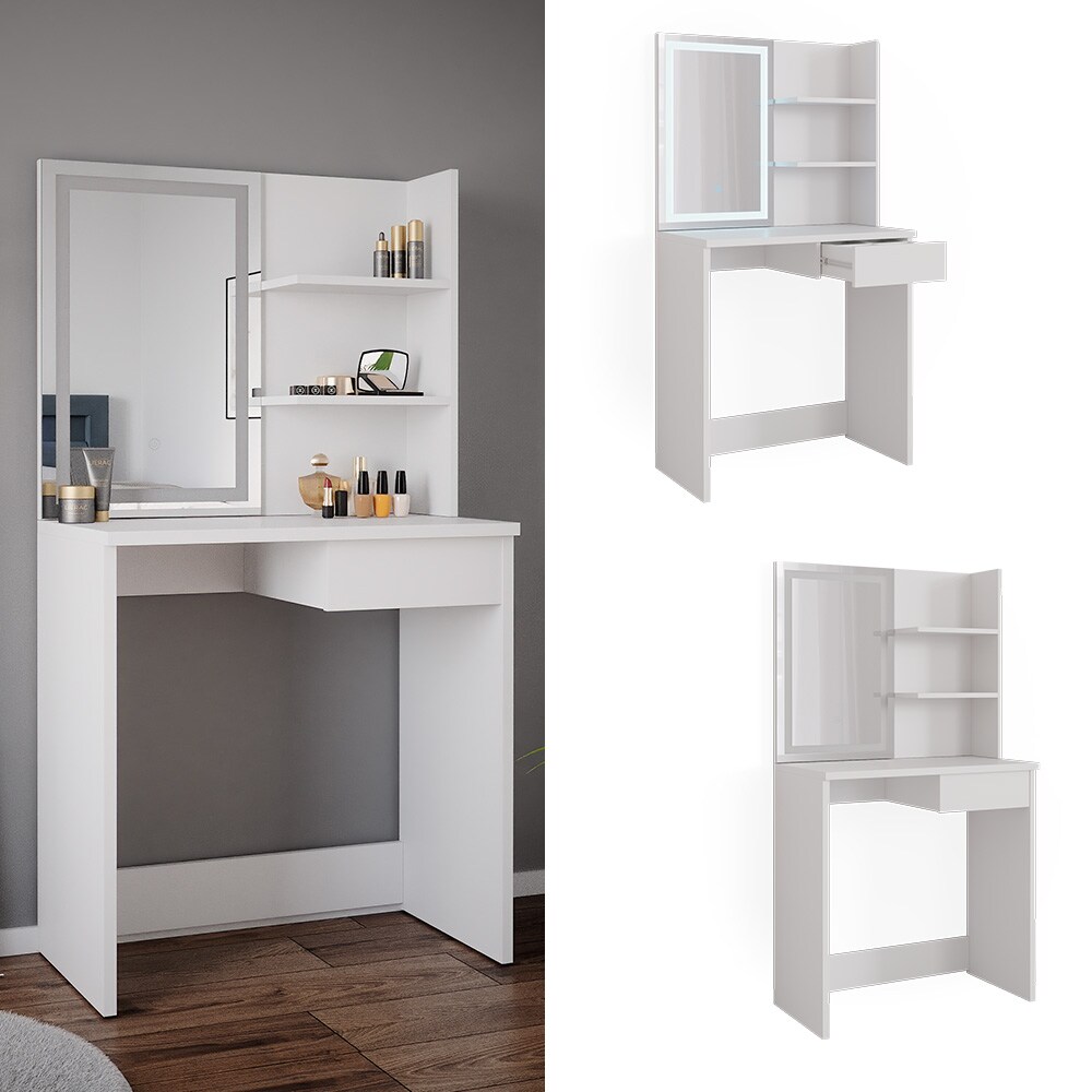 Vicco Schminktisch Frisiertisch Schminkkommode Dekos Weiß LED-Spiegel 75x142 cm modern Schlafzimmer Kommode Schublade Ablage Aufbewahrung Kosmetiktisch Schminkkonsole Make-Up-Tisch
