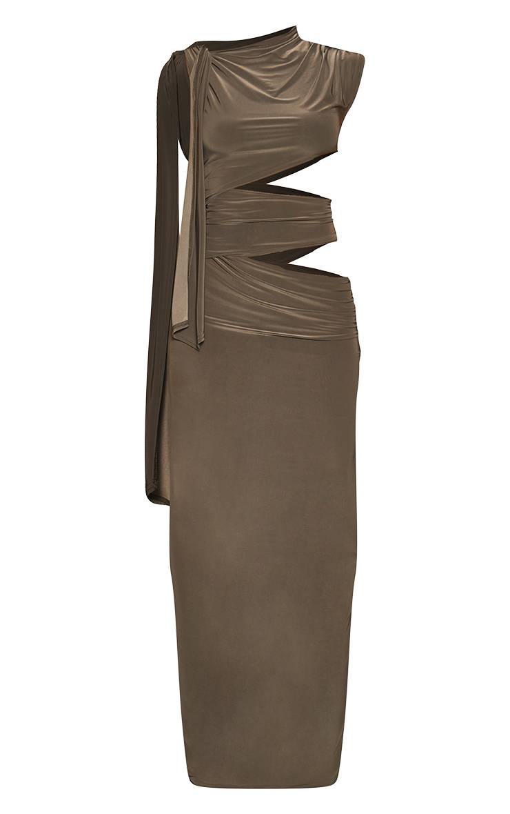 Kaki Robe Longue En Jersey Slinky Double Couche Avec Découpes Et Détail Noué