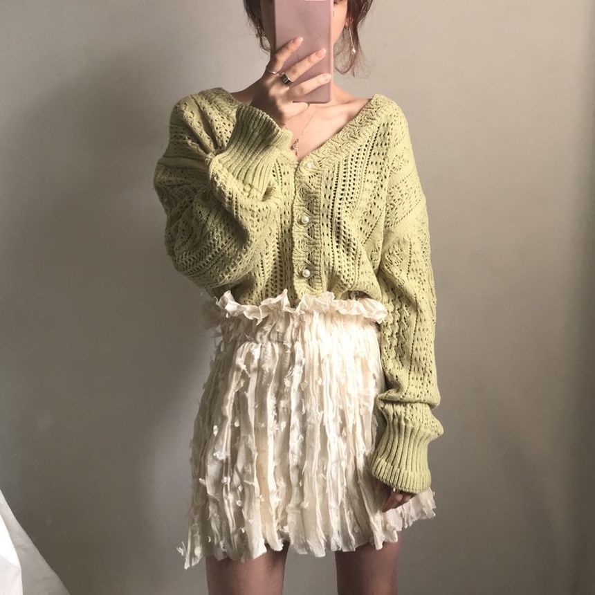 monroll - V-hals pointelle gebreide cardigan