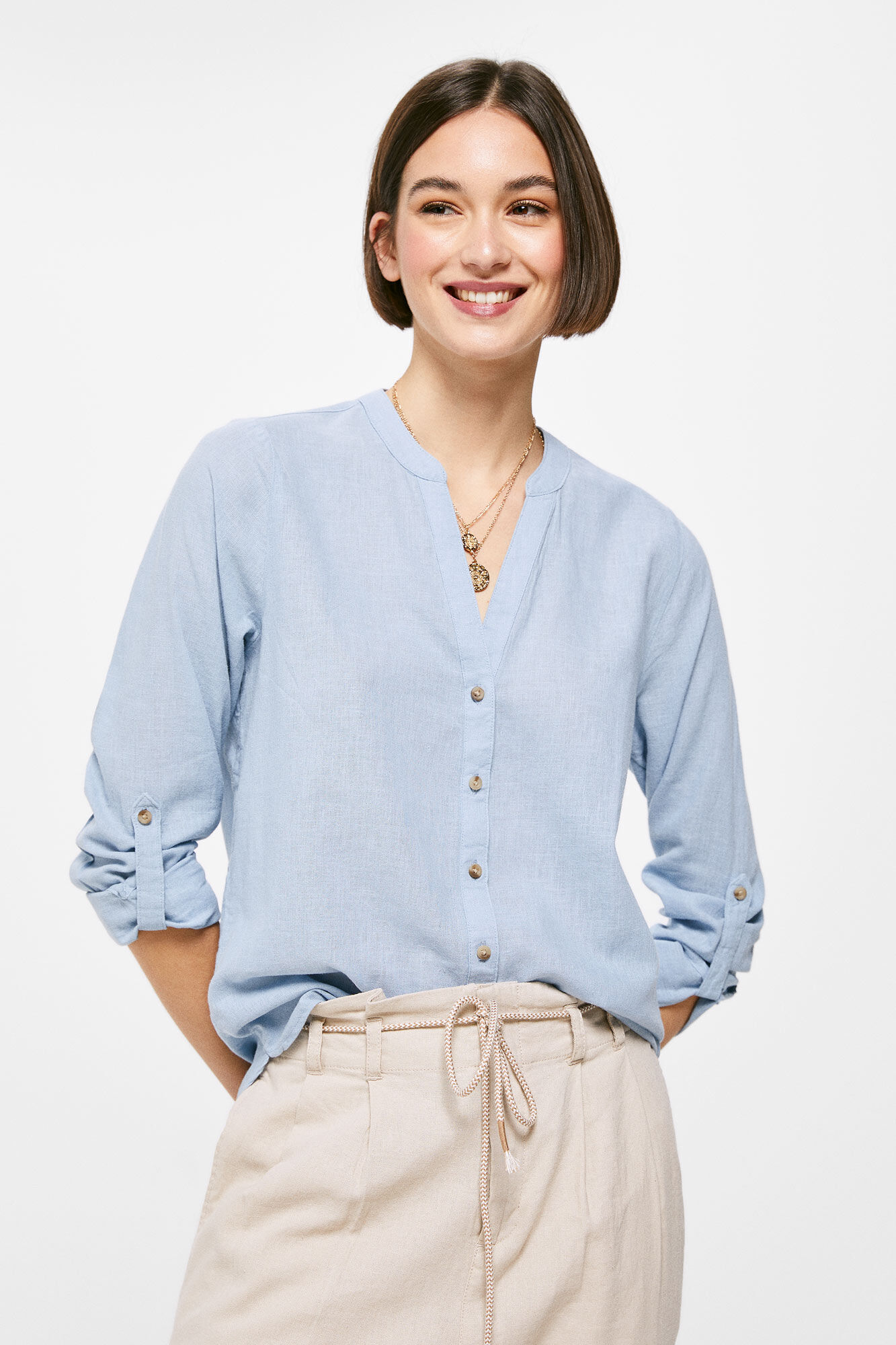 Camisa de linho e algodão com gola mandarim - Azul claro
