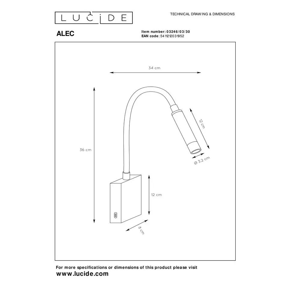 Lucide ALEC Wandspot - Zwart