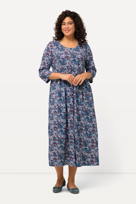 Jerseykleid, Blüten, A-Linie, Rundhals, 3/4-Arm