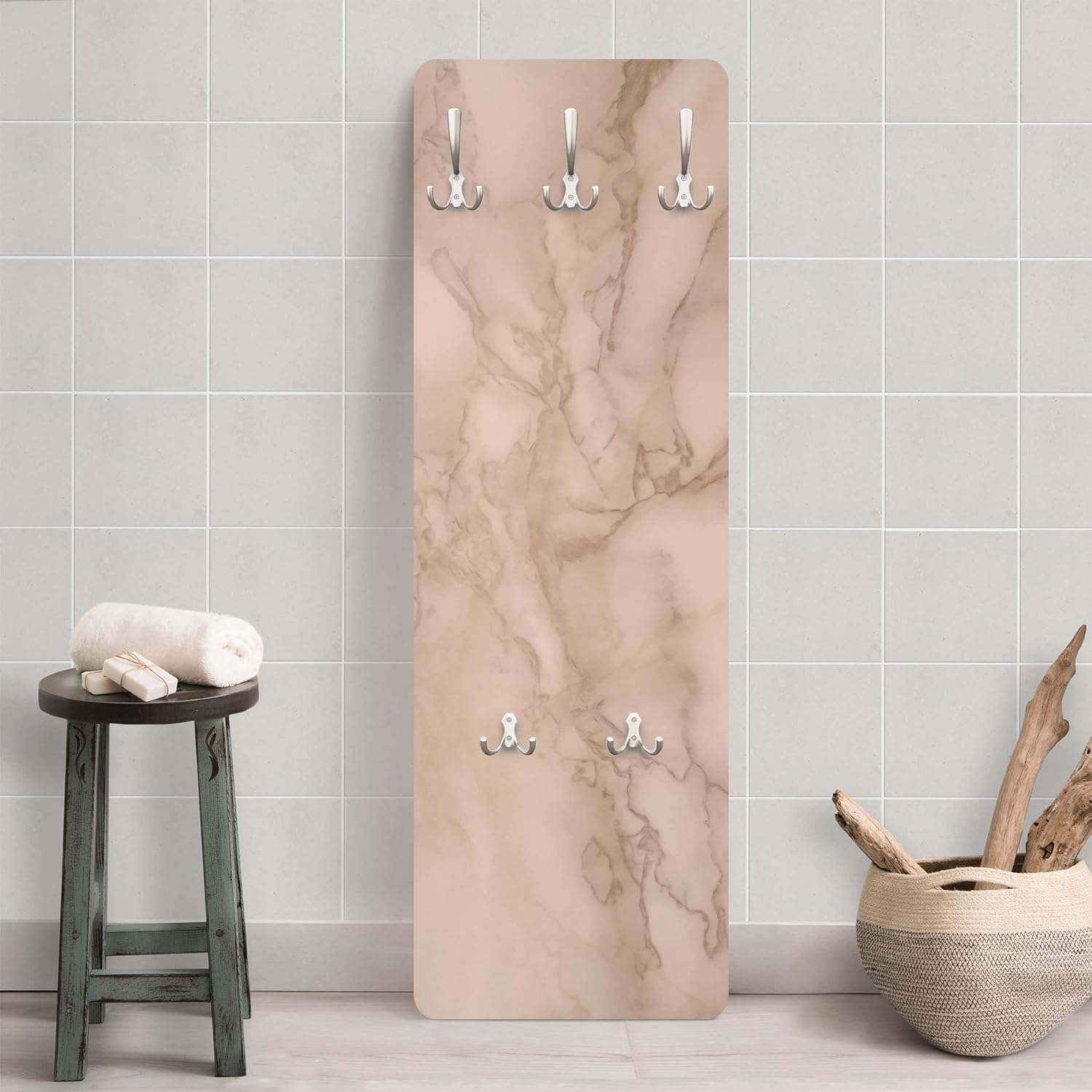 Wandgarderobe inkl. 5 Haken 3D Steinoptik platzsparendes Design - Made in Germany - Marmor Modern Flurgarderobe beige schmal Garderobenpaneel 1650