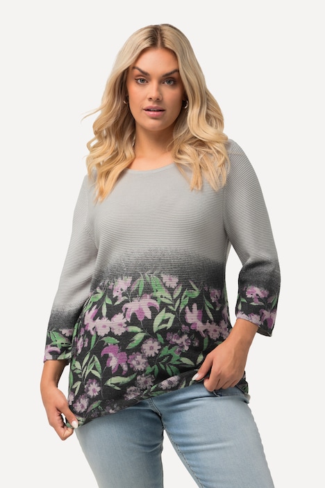 Pullover, Blüten, Krausstrick, Rundhals, 3/4-Arm