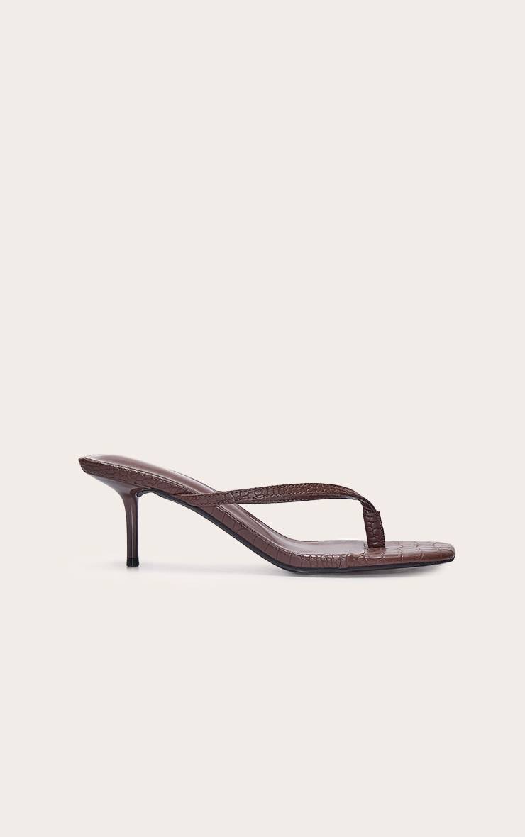 Marron Mules À Talon Moyen À Bout Carré Et Bride Tong Effet Croco