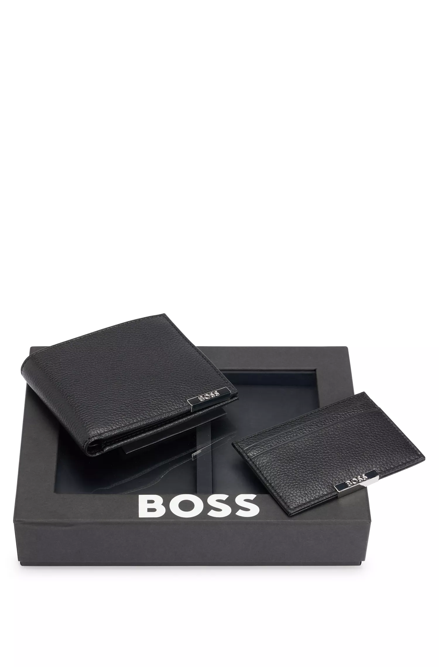 Conjunto de carteira e porta-cartões em couro com placa de logotipo preta BOSS