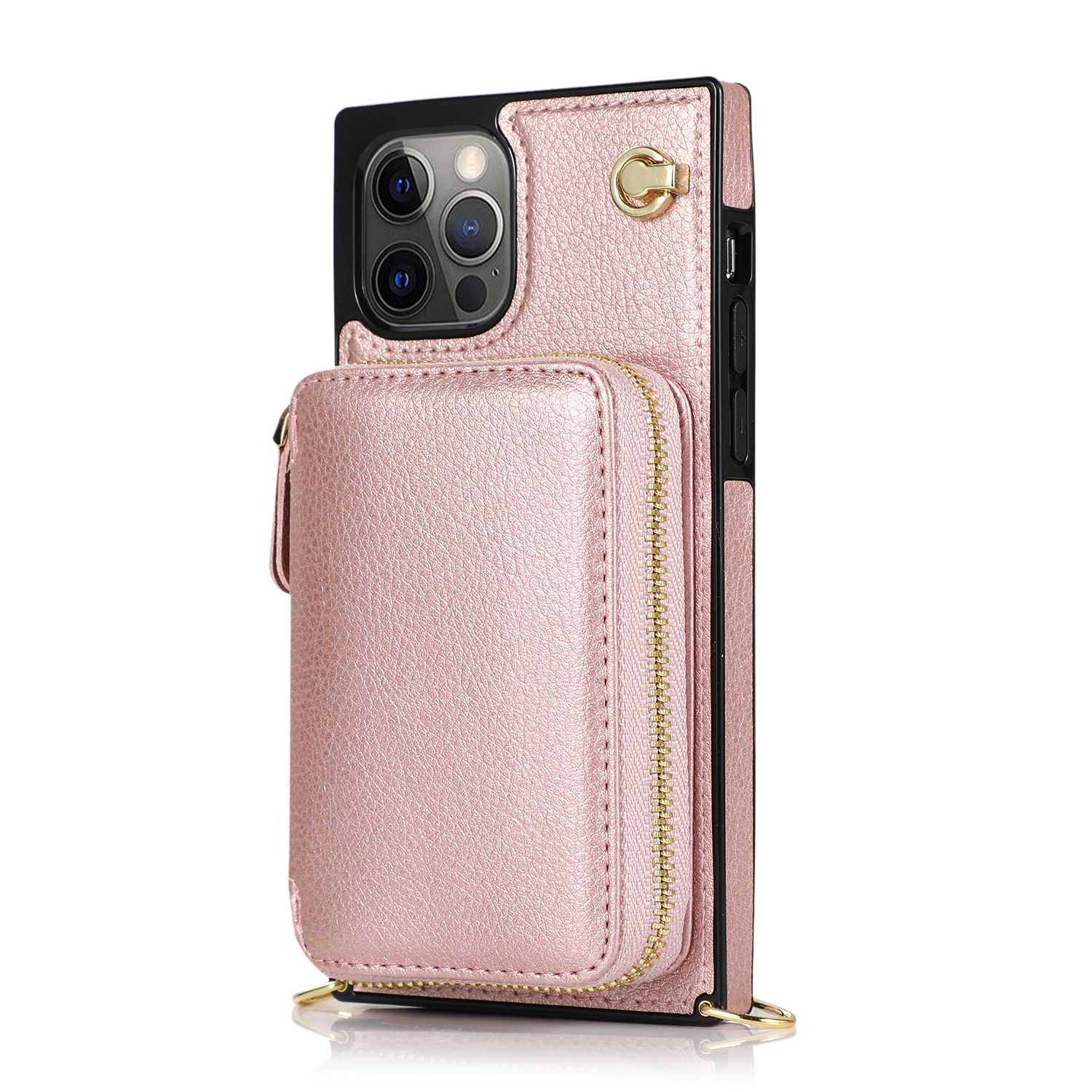 iPhone 12 / iPhone 12 Pro Necklace Leder Schutz Hülle mit Kartenfächer   Handykette (140cm) - Roségold