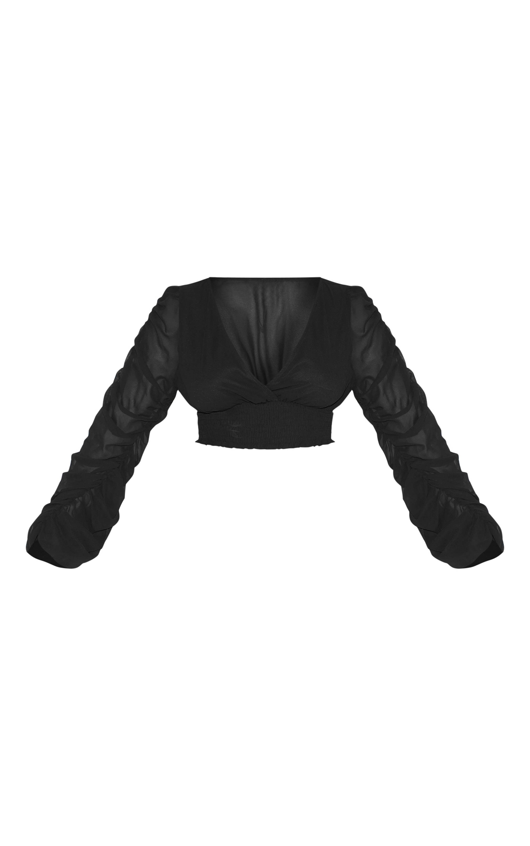 Noir Blouse Coordonnée Shape En Mousseline À Manches Ballon, Décolleté Plongeant Et Taille Cintrée