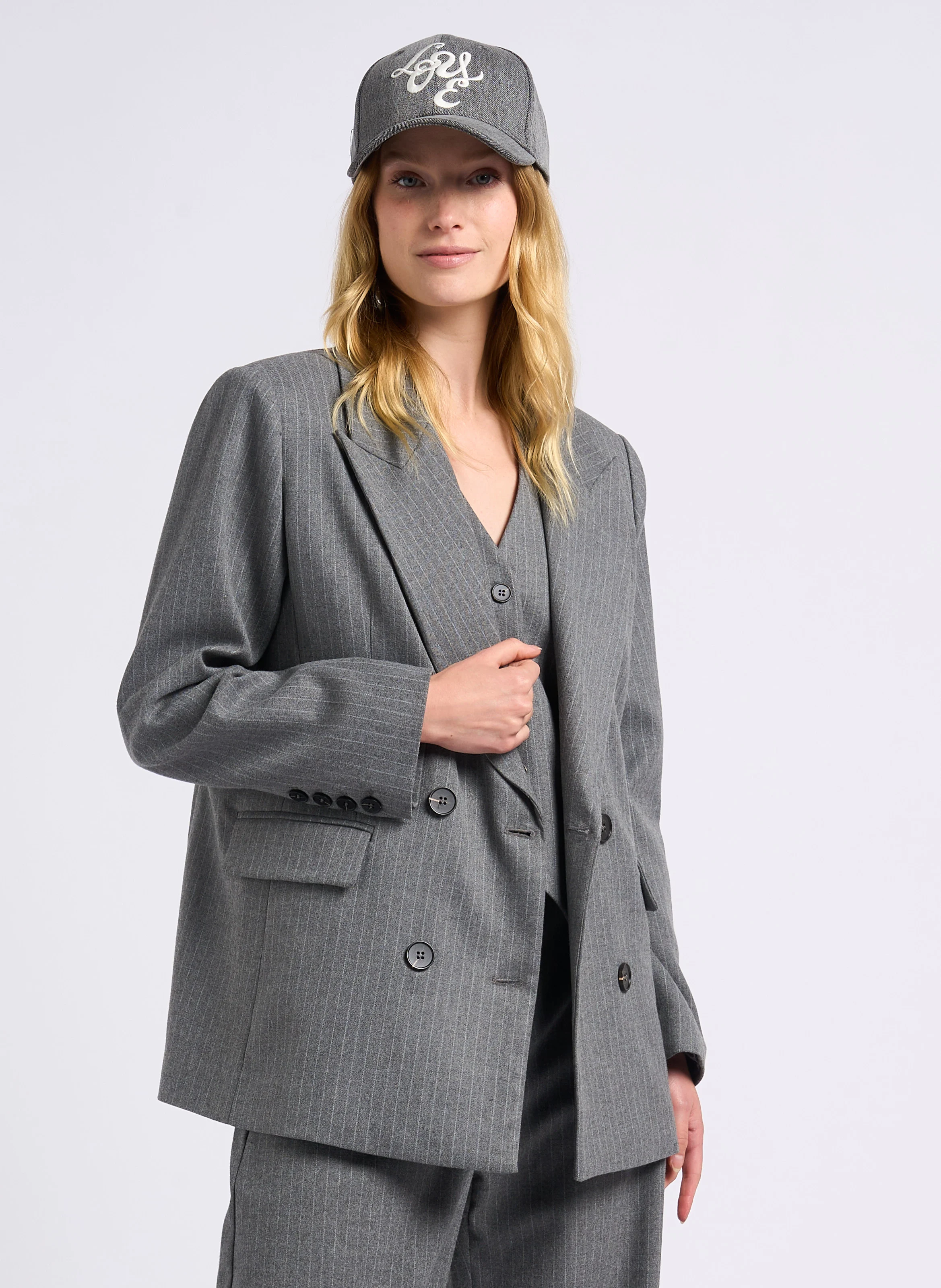 DALIA - Veste tailleur droite à rayures | Noir