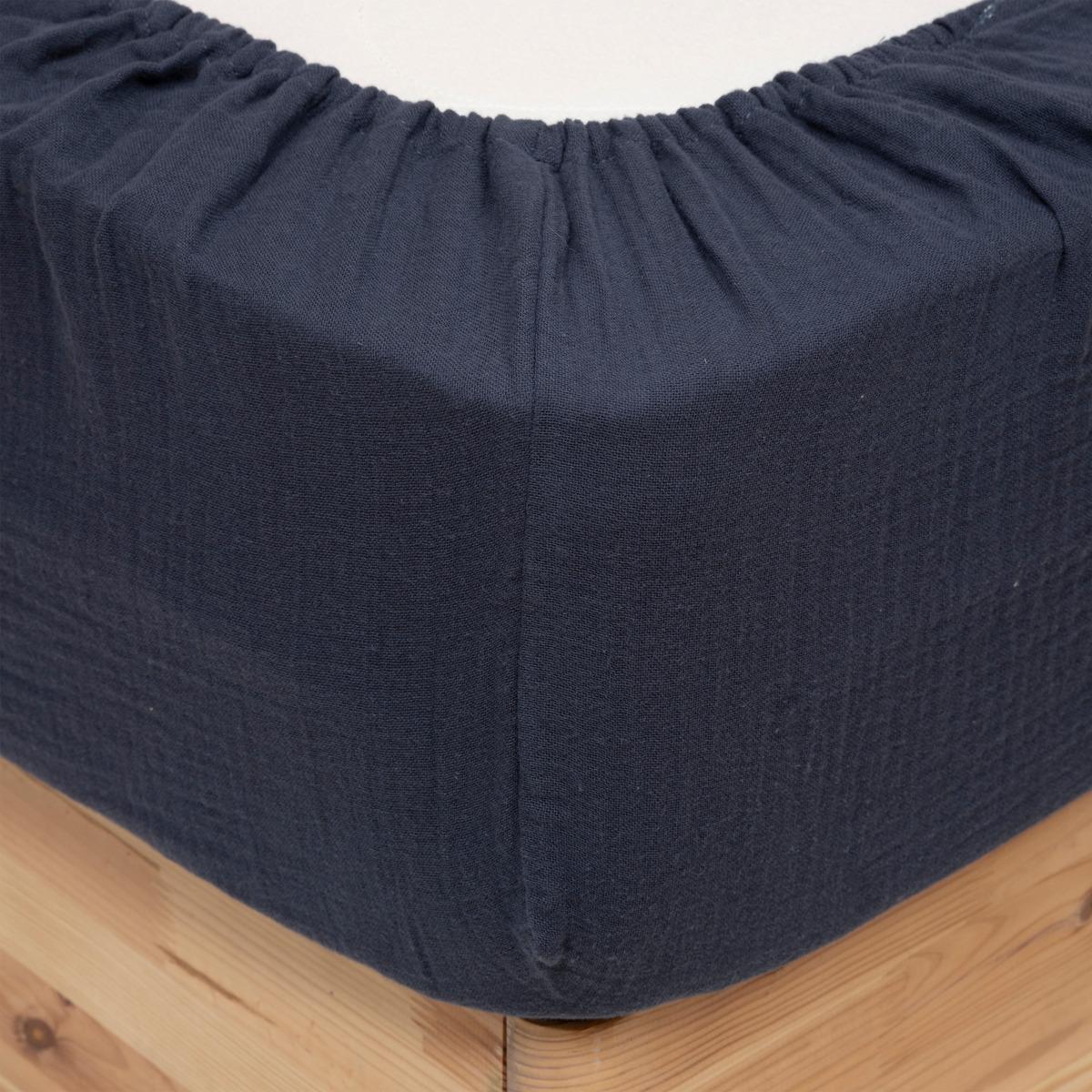 DRAP HOUSSE GAZE DE COTON BLEU 140X190CM