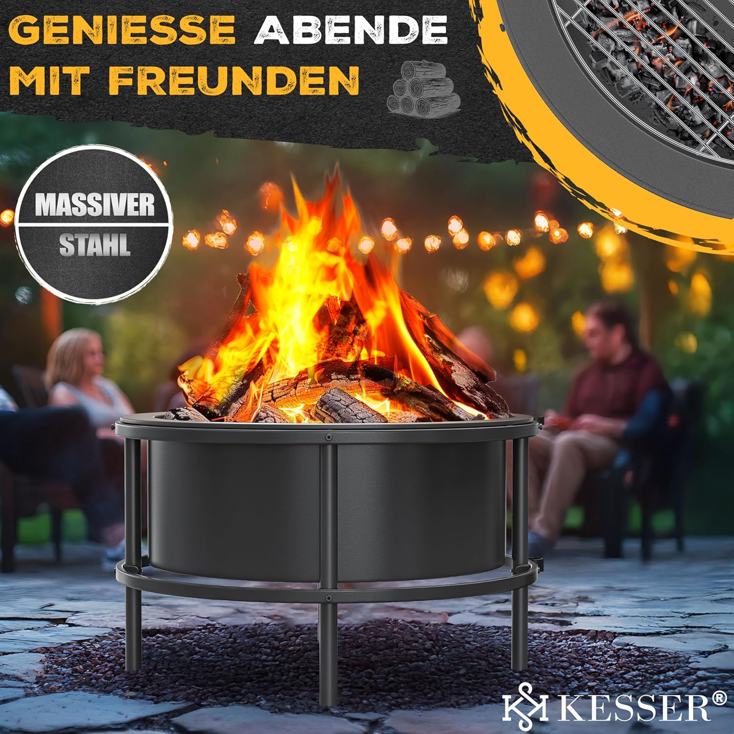KESSER® Feuerschale mit Grillrost Ø65cm Feuerkorb 0,6mm Kaltveredelter Stahl | Mobile Feuertonne mit Reifen | Holz & Kohle Feuerstelle inkl. 60cm Feuerhaken aus Gusseisen, Ø52cm, Bürste & Cover