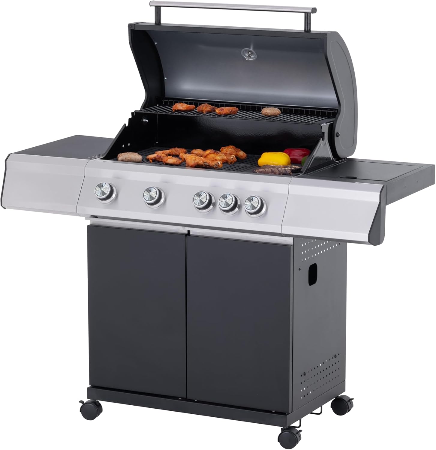 Tarrington House BBQ Gas-Grill PAXTON, 4-Brenner-Gasgrill mit Seitenbrenner, schwarz, Warmhaltegitter, 11kg Gasflasche für Outdoor, Balkon, Camping
