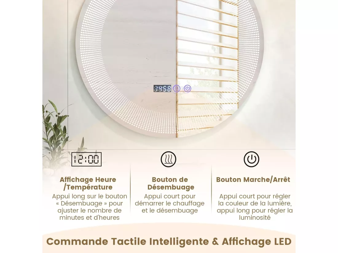 Miroir Salle de Bain LED à 3 Couleurs & Luminosité Réglable, Miroir Mural Anti-Buée, Miroir Lumineux avec Interrupteur Tactile et Fonction Mémoire, Affichage Temps/Température, IP44, Ø 60 CM