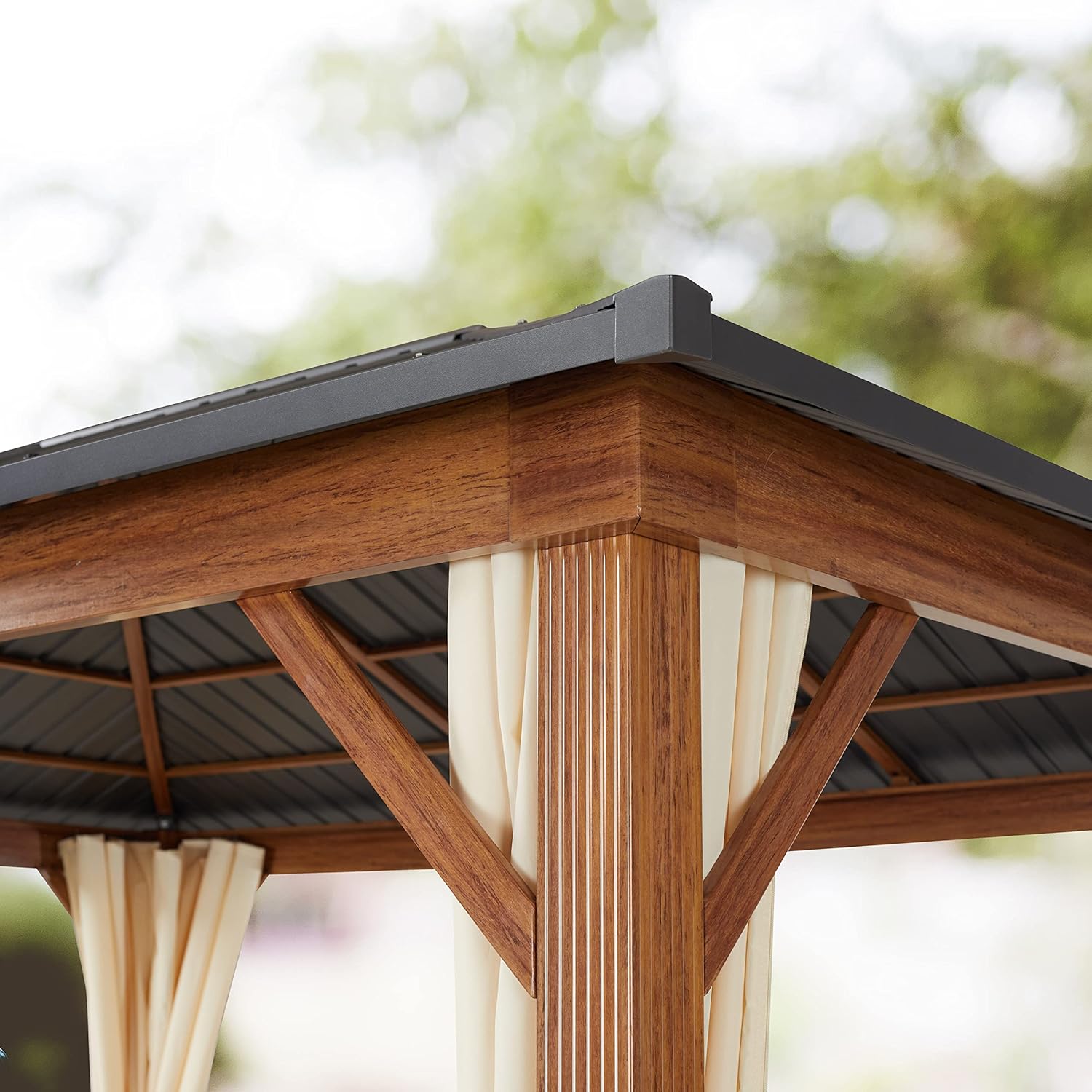 TOOLPORT Gartenpavillon 4x4 m Holzoptik, Stahldach Hardtop 4 Seitenteile in Champagner