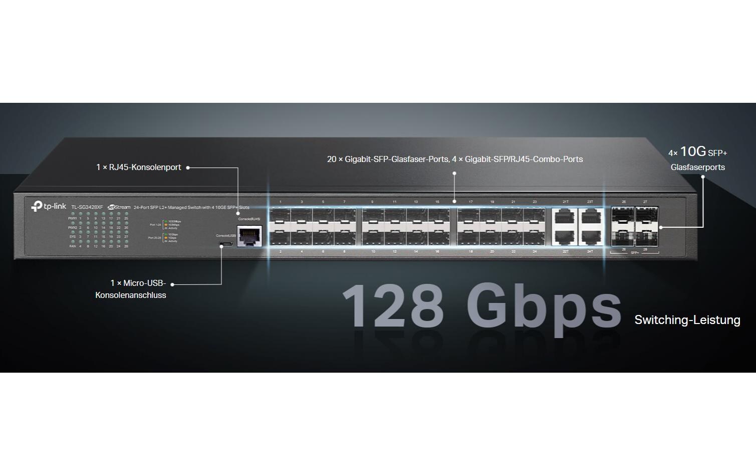 SFP Switch JetStream TL-SG3428XF 28 Port<br>JetStream 24-Port SFP L2+ Managed Switch mit 4 10GE SFP+ Slots
