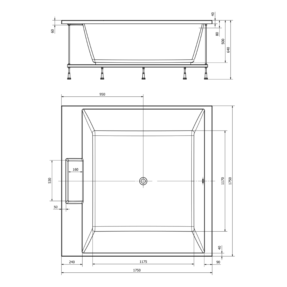 Polysan Came vierkant bad 175x175x50cm wit
