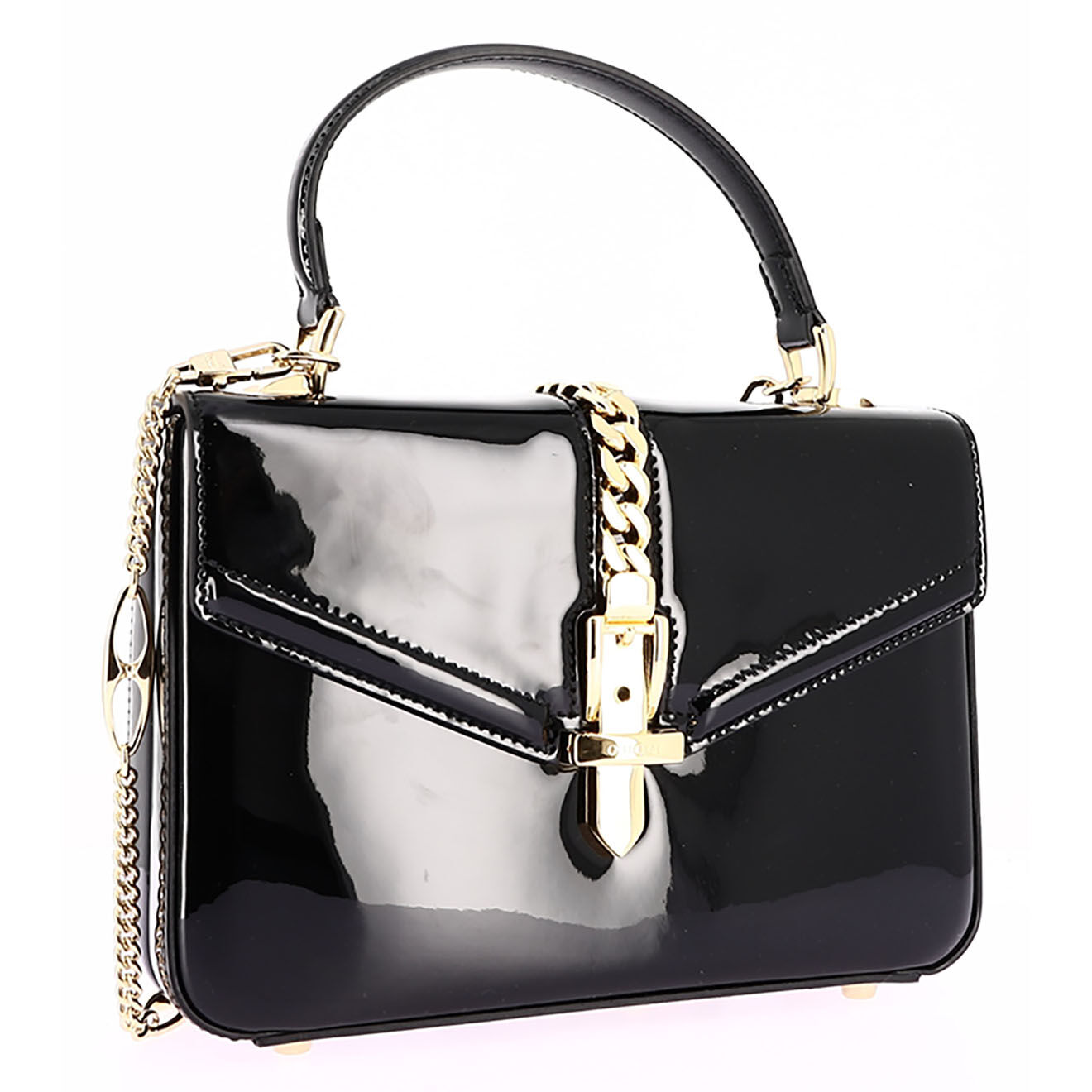 Gucci Sac bandoulière Sylvie en Cuir verni noir - Très bon état - L.21 cm