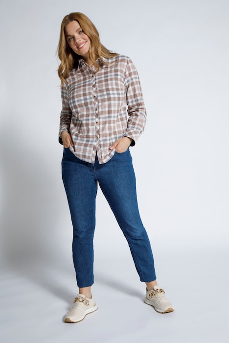 Bluse, Karo, Hemdkragen, Langarm