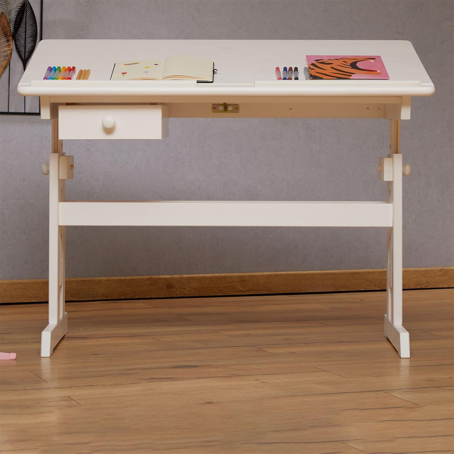 IDIMEX Kinderschreibtisch Flexi mit Kippfunktion und Höhenverstellung, praktischer Schreibtisch aus massiver Kiefer in weiß