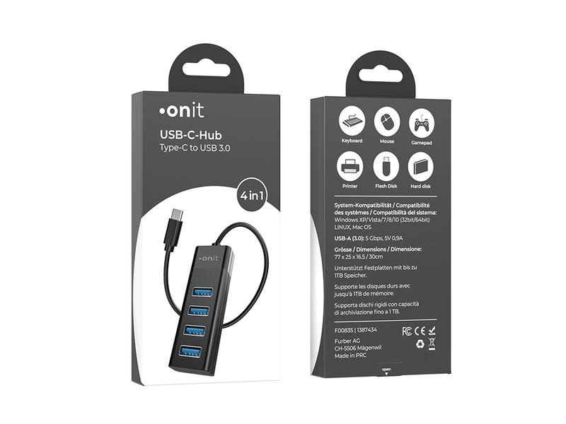onit USB-C-Hub 4A Leichter und kompakter Hub mit 4 USB-A-Ports