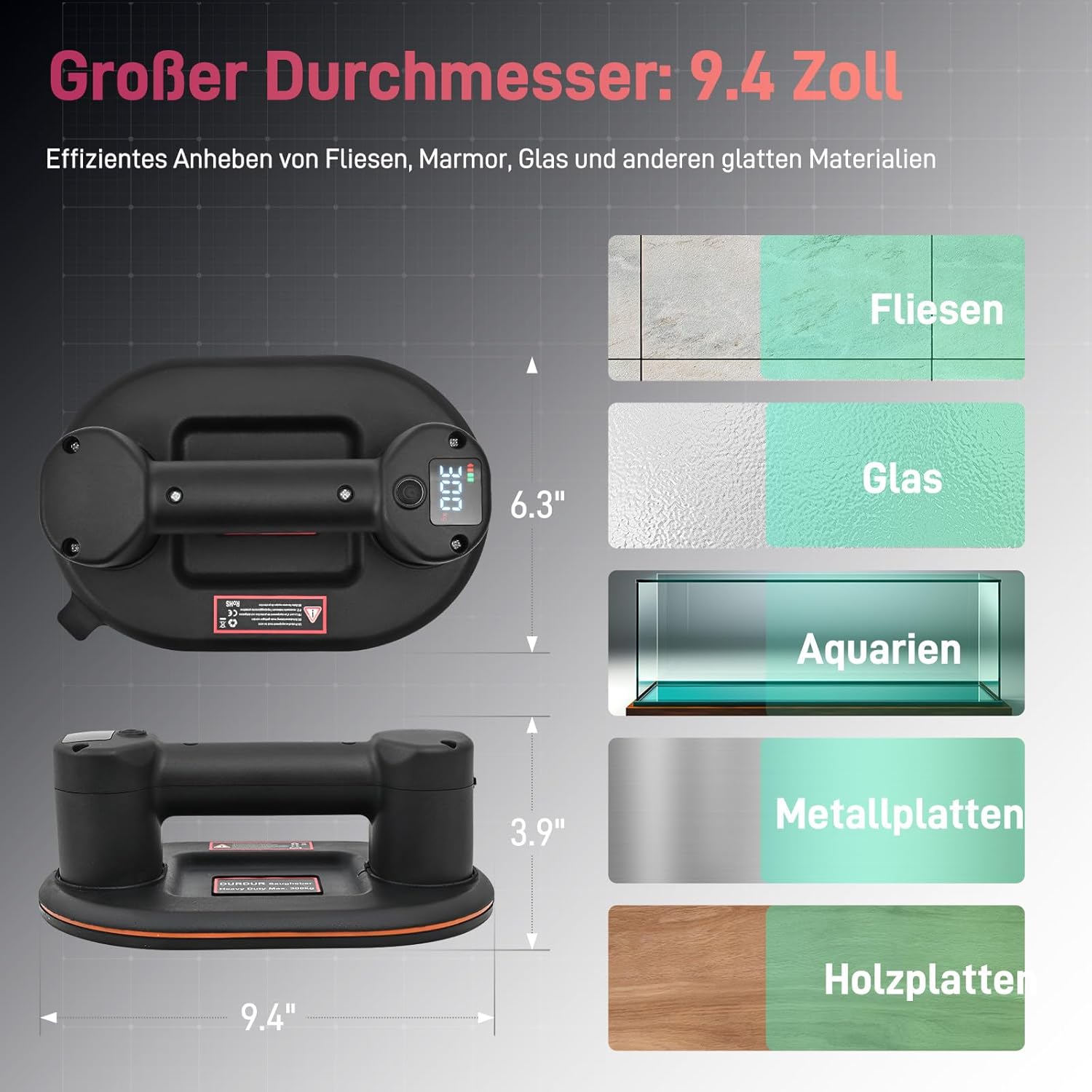 DURDUR 2 Pack 300KG Akku Vakuum Saugheber,9.4 Zoll Akku Saugheber für Fliesen,Elektrischer Saugheber Fliesenheber Mit Auto-Nachsauge-Funktion[2 Motoren 2 * 2000 mAh Akku]