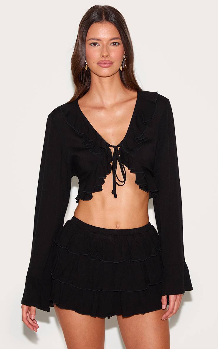 Noir Jupe-short Mini À Volants En Gaze De Coton