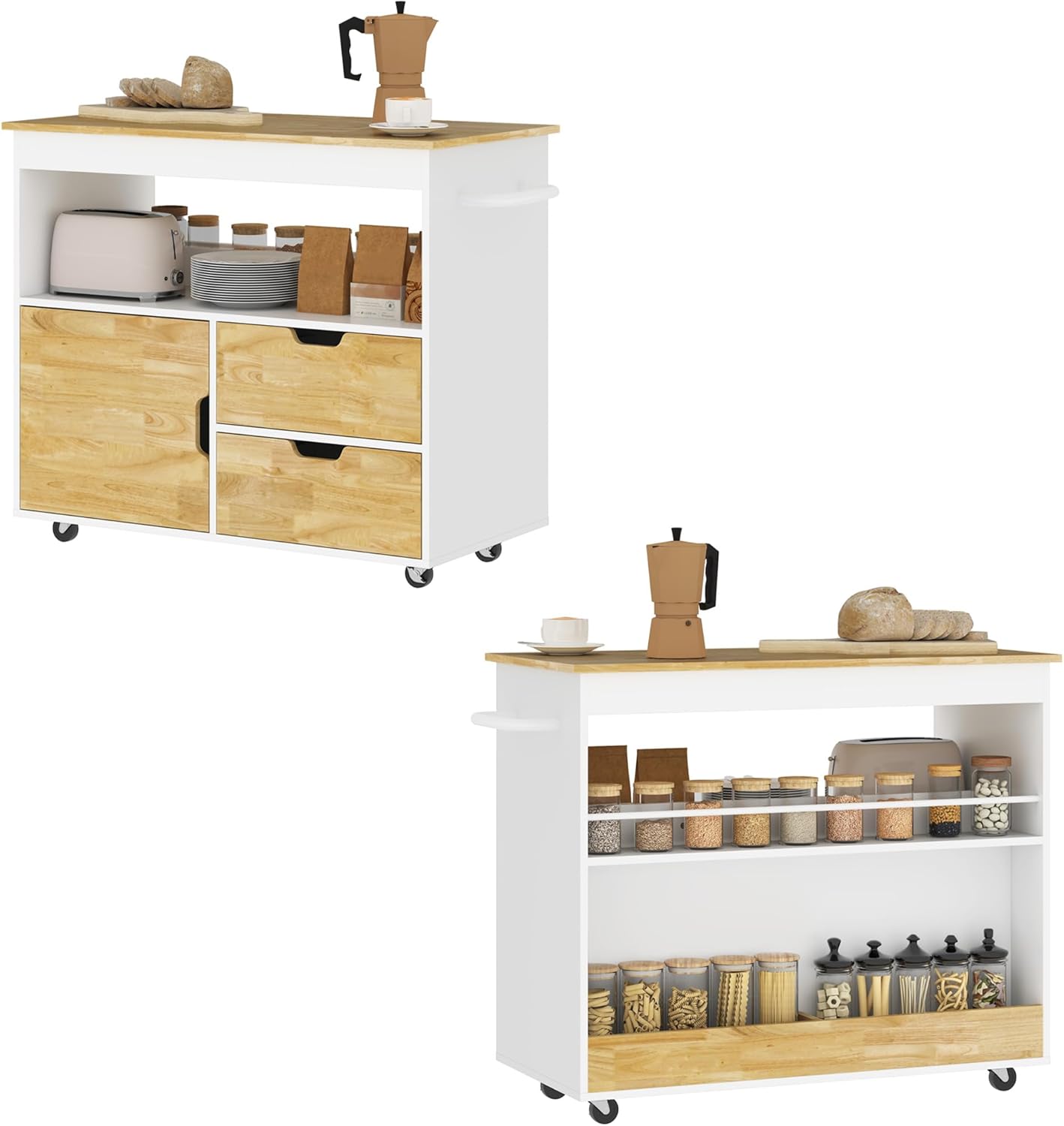 HOMCOM Küchenwagen Servierwagen mit Arbeitsplatte, Schubladen, Rollwagen mit Küchenschrank mit Soft-Close-Tür, Griff, Kücheninsel mit offenem Fach für Büro, 107x50x85cm, Eiche