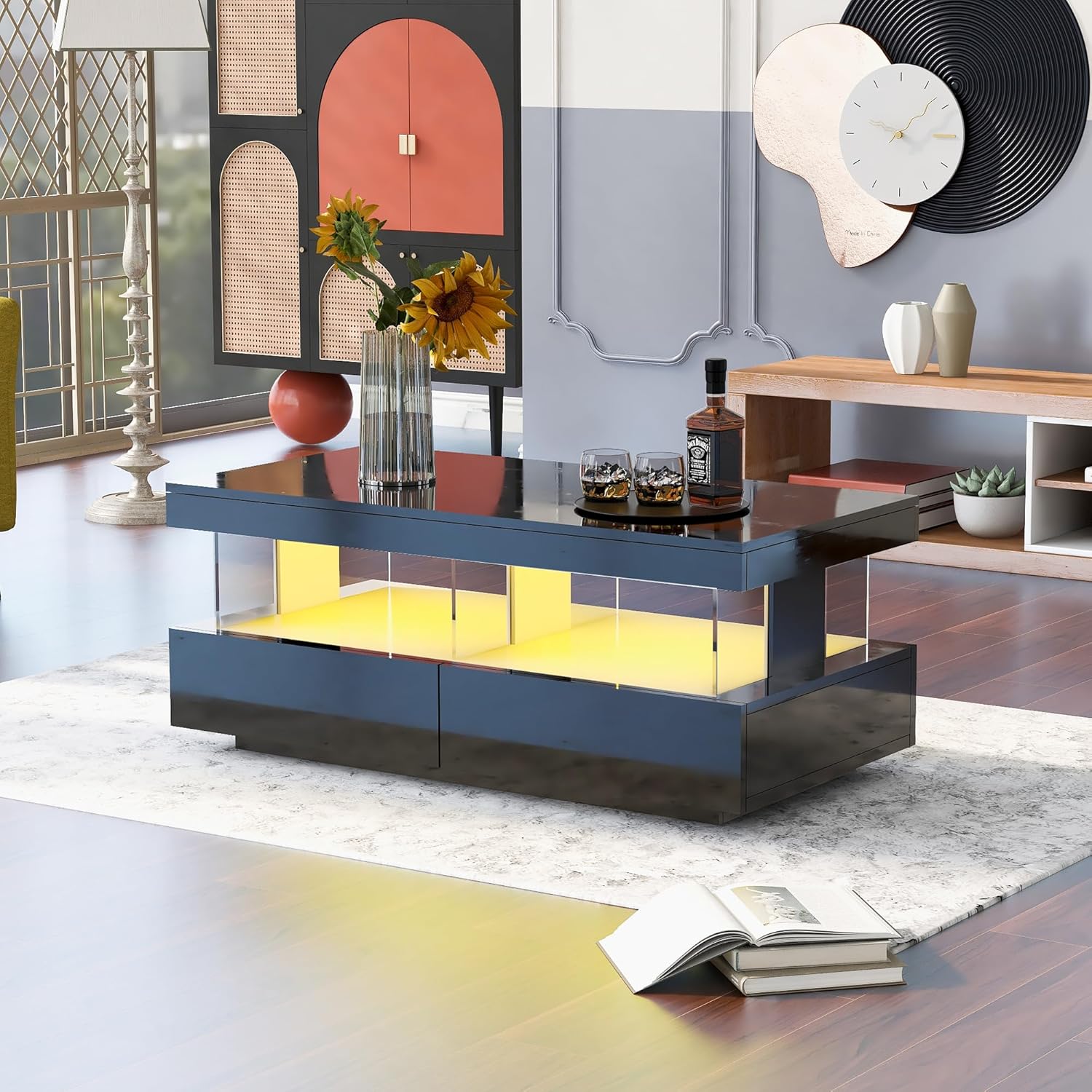 okwish Couchtisch für Wohnzimmer Holztisch Moderner Sofatisch, Schwarz Glanz Kaffeetisch mit LED-Leuchten und 2 Schubladen Lagerung für Zuhause 100 * 60 * 49.5cm