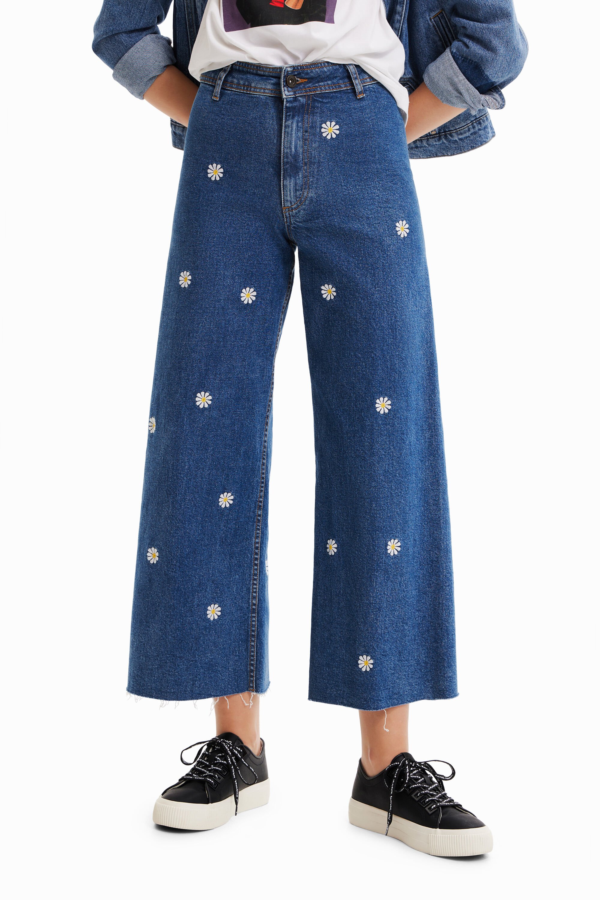 Jupe-culotte en jean marguerites