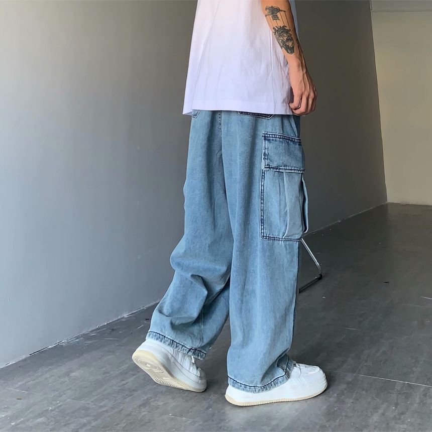 Nikoflin - Mid Rise Washed Wide Leg Cargo Jeans