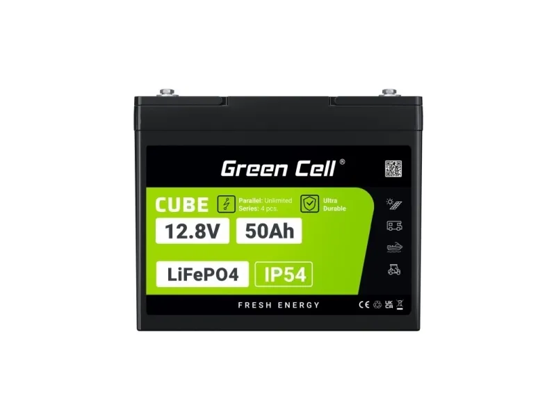 Green Cell LFPGC12V50AH, Lithium jern fosfat (LiFePO4), 12 V, Sort, Grøn, 50 At, 640 Wh, 75 A