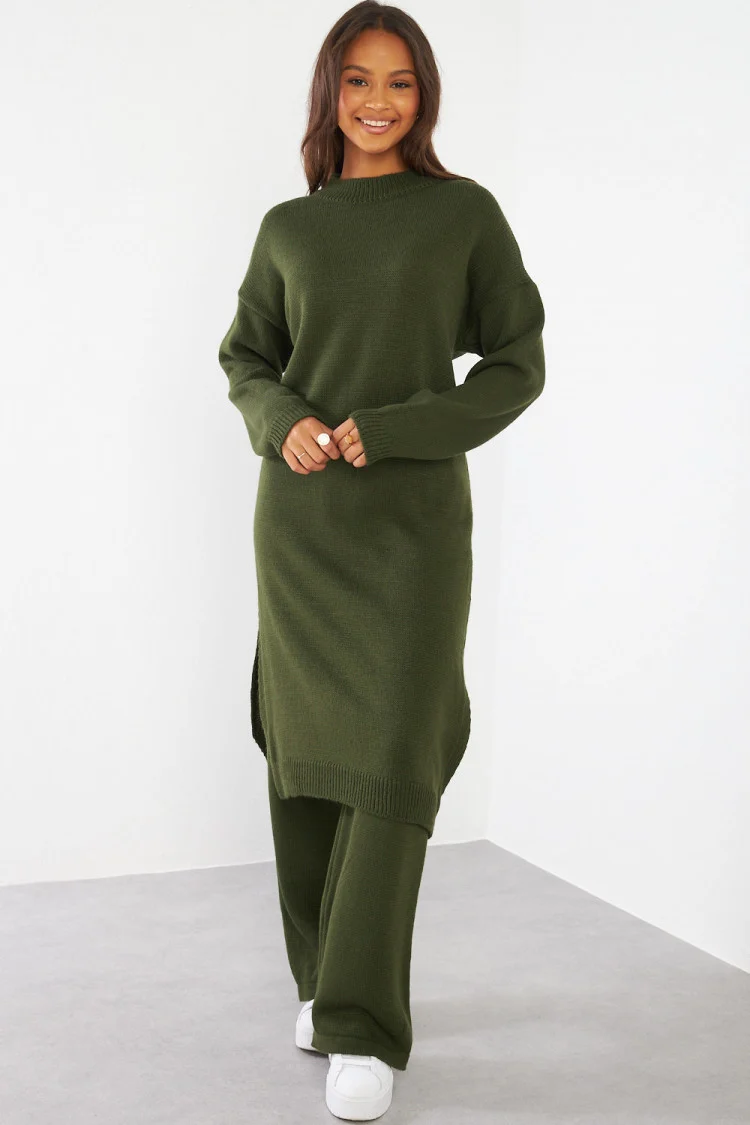 Ensemble 2 pièces pull long + pantalon en laine kaki
