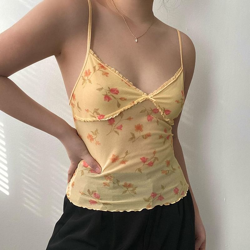 Sosana - V-hals geplooide mesh bloemenprint slim-fit crop top