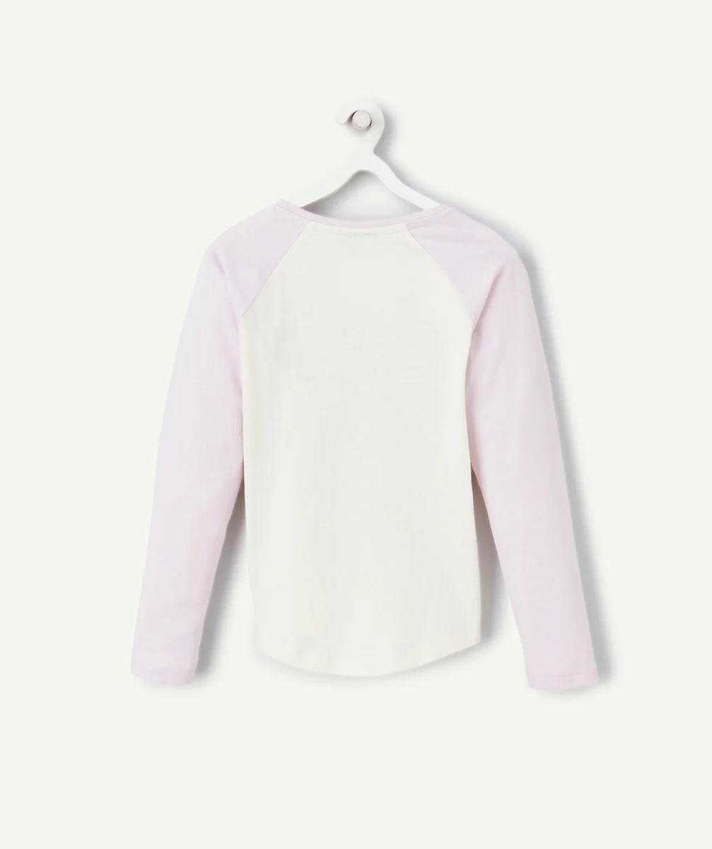 T-SHIRT FILLE EN COTON BIO MAUVE ET BLANC AVEC MESSAGE PAILLETÉ
