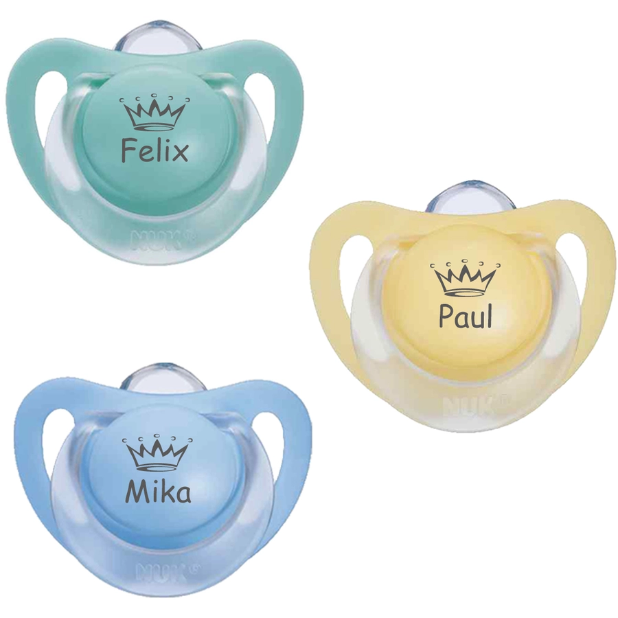 Schnullireich Schnuller mit Namen  Namensschnuller NUK Starlight Krone – 2er Set (Junge) Gelb